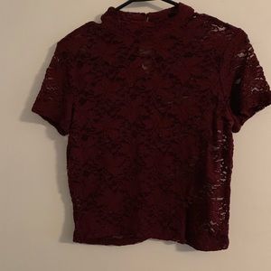 Forever 21 Dark Maroon Mock Neck Lace Top